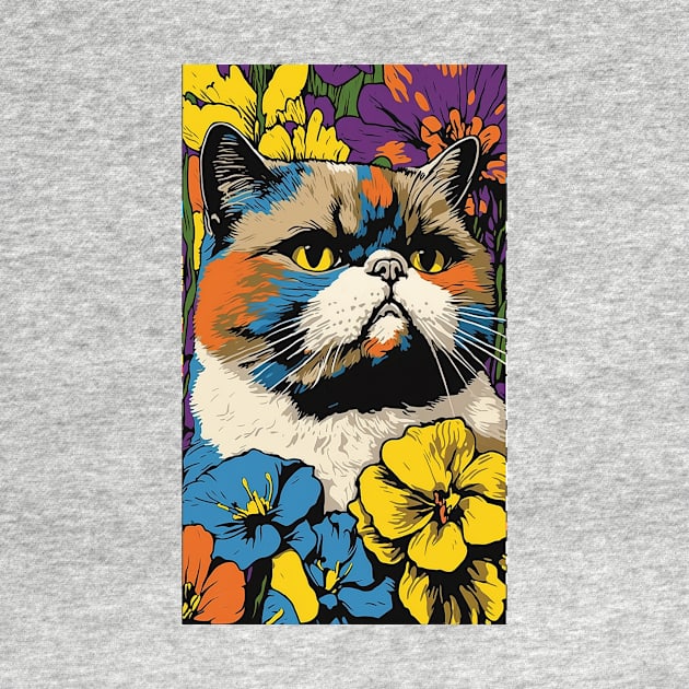 Exotic Shorthair Cat Vibrant Tropical Flower Tall Retro Vintage Digital Pop Art Portrait 2 by ArtHouseFlunky